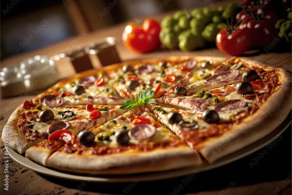 Poster a pizza with a lot of toppings on a table with a candle and some fruit on it and a plate with a fork