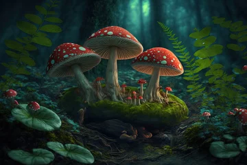 Foto op Aluminium In a clearing in the woods, fly agaric mushrooms flourish. Wonderful magic mushrooms in a shadowy jungle. A wonderful wonderland setting for the story Alice in Wonderland. Generative AI © 2rogan