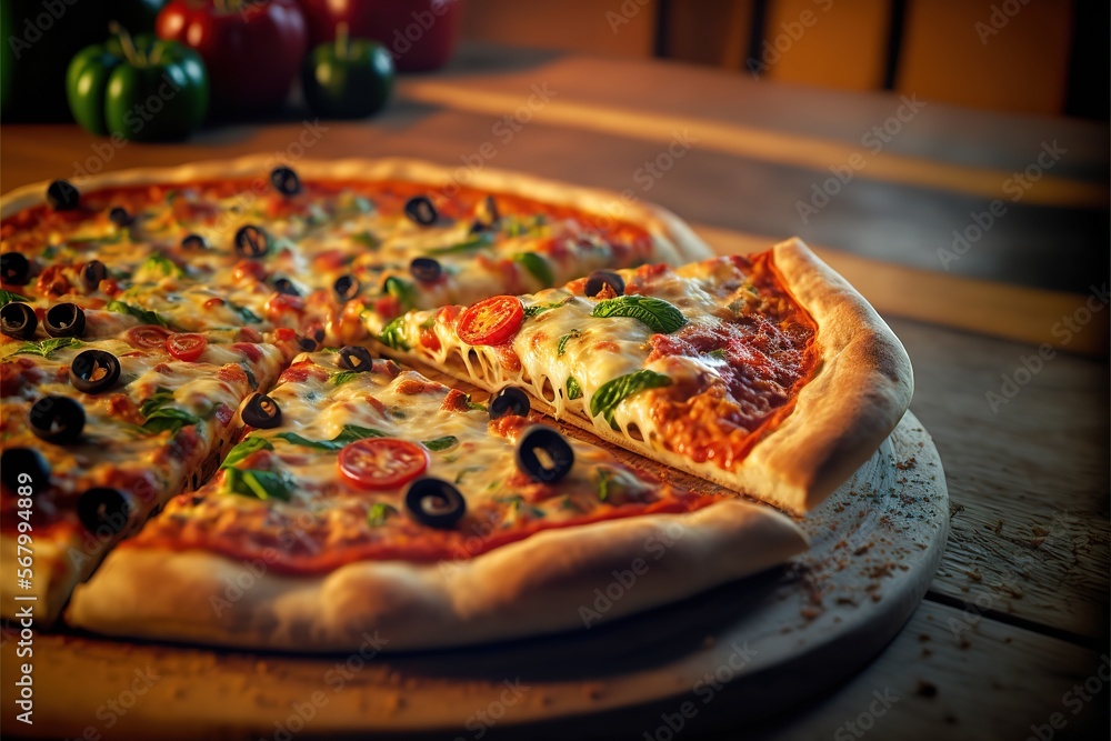 Poster a pizza with olives and tomatoes on a wooden table with a knife and fork next to it and a bowl of to
