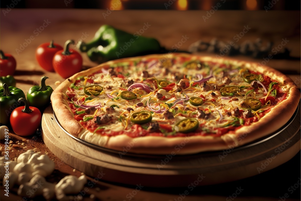 Poster a pizza with peppers and onions on a table with peppers and peppers around it and a pizza cutter on 
