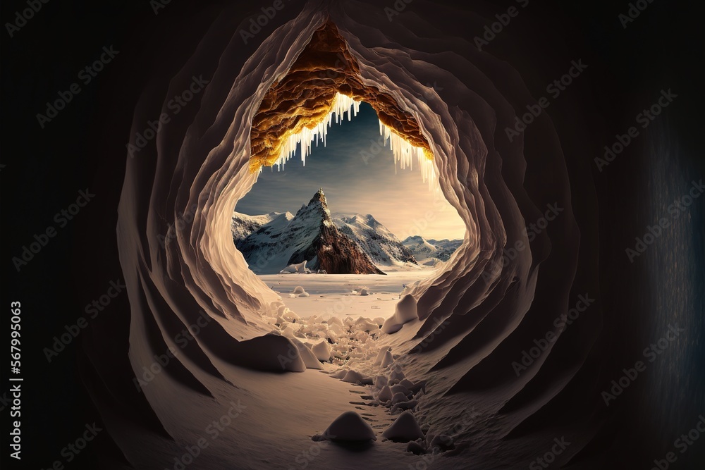 Aufkleber a cave with a mountain in the background and a cave entrance in the middle of it with a mountain in 