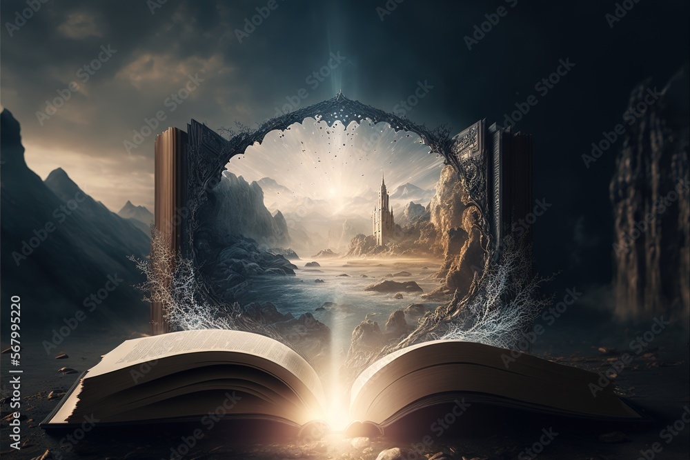 Poster an open book with a fantasy scene in the background and a river running through it with a light comi