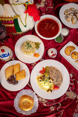 Traditional Kazakh cuisine. view from above. a family table of different dishes for the holiday.