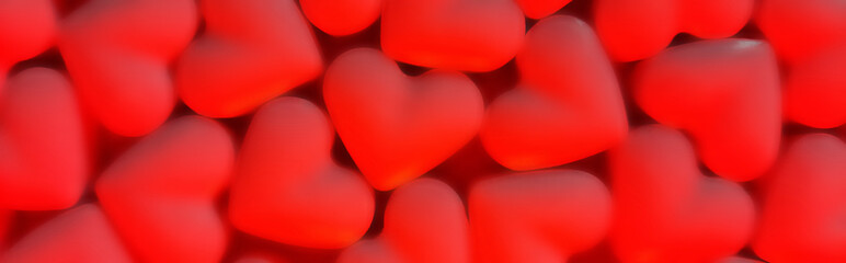 Banner on theme of love, passion, Valentine's day. Template for website header, blog, article, advertisement. Defocused abstract background with heart shaped sweets illuminated by bright red light.