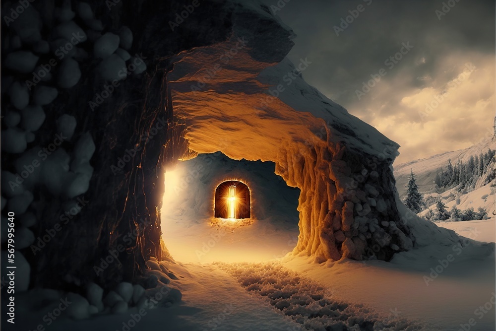 Poster a tunnel with a light at the end of it in the snow covered mountainside with a dark sky and clouds a