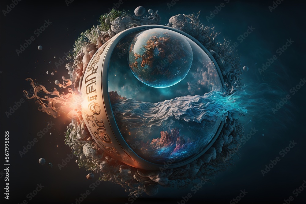Poster a picture of a planet with a fireball in the middle of it and a sky background with clouds and water