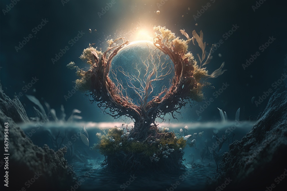Poster a tree with a circle of branches in the middle of it surrounded by water and rocks with a bright lig