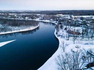 Aerial image of the winter snow covered land