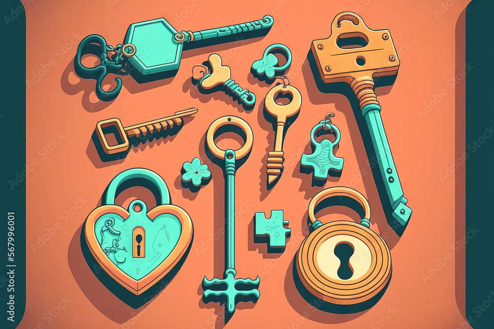 Poster vintage keys and padlock overhead lay flat composition security concept. generative ai