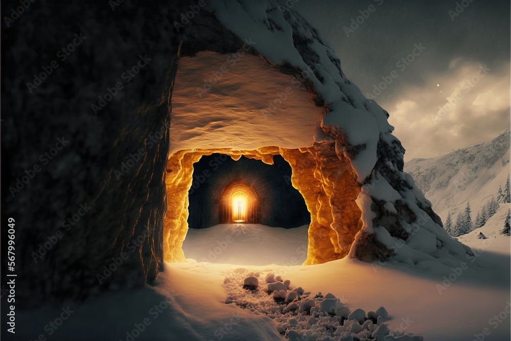 Aufkleber a light at the end of a tunnel in the snow with a mountain in the background at night time with snow