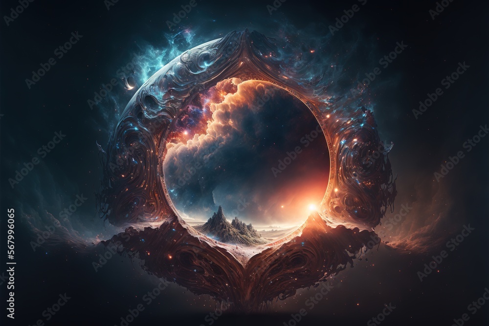 Aufkleber a picture of a space scene with a planet in the center of the picture and a mountain in the backgrou