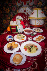 Traditional Kazakh cuisine. view from above. a family table of different dishes for the holiday.