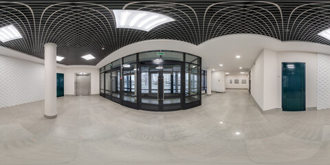 full seamless spherical hdri 360 panorama view in empty modern hall of reception, doors and panoramic windows in administrative building in equirectangular projection, ready for AR VR content