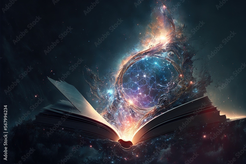 Poster a book with a spiral design on it is open in front of a dark background with stars and a spiral desi