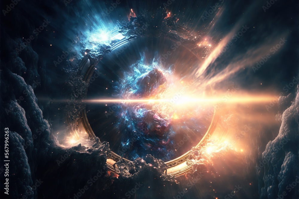 Poster a space scene with a large object in the middle of the image and a bright light coming from the cent