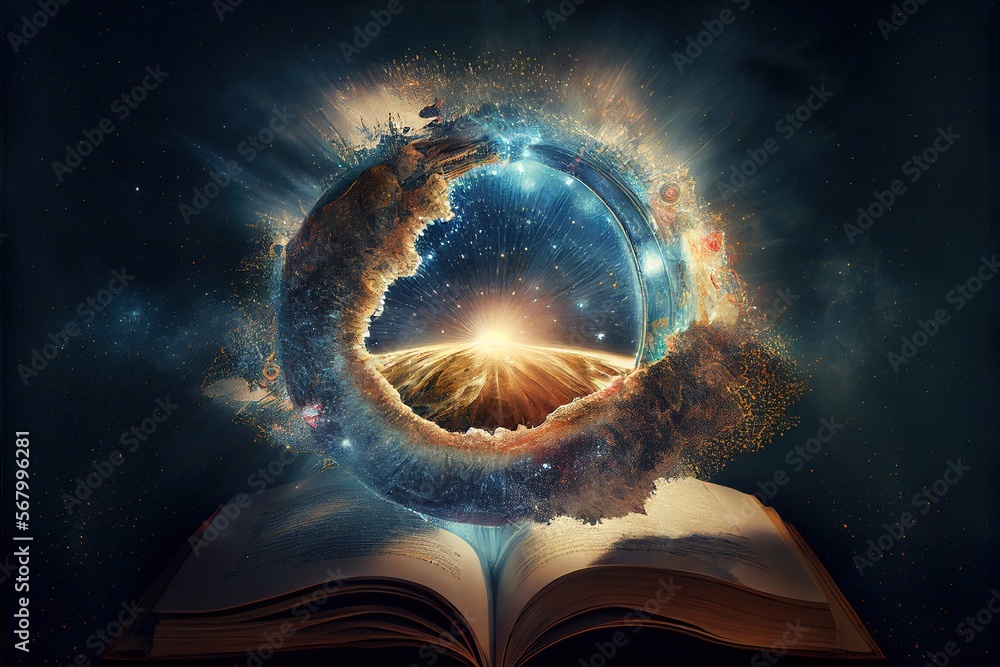 Poster a book with a picture of a planet inside of it and a light coming out of it in the middle a storyboo