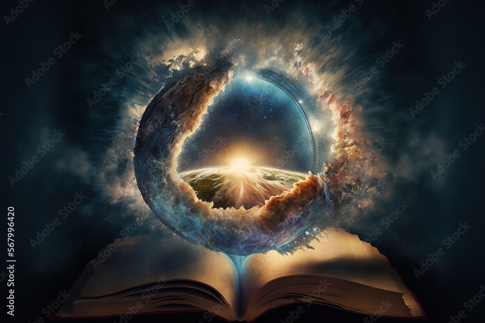 Poster an open book with a picture of a mountain inside of it and a light coming out of the book's center a