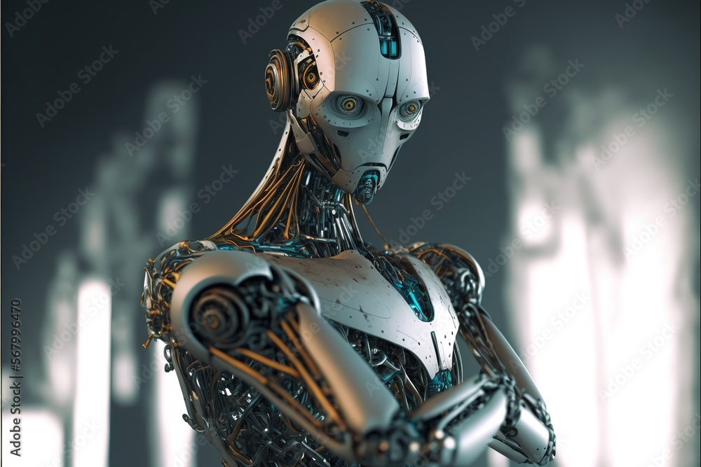 Poster a robot is standing in a room with a light on it's head and arms and a robot is standing in front of