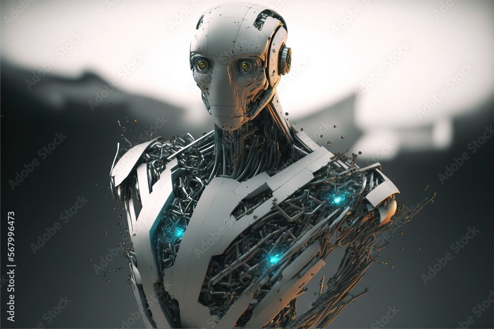 Poster a robot with glowing eyes and a body with wires on it's back standing in front of a gray background 