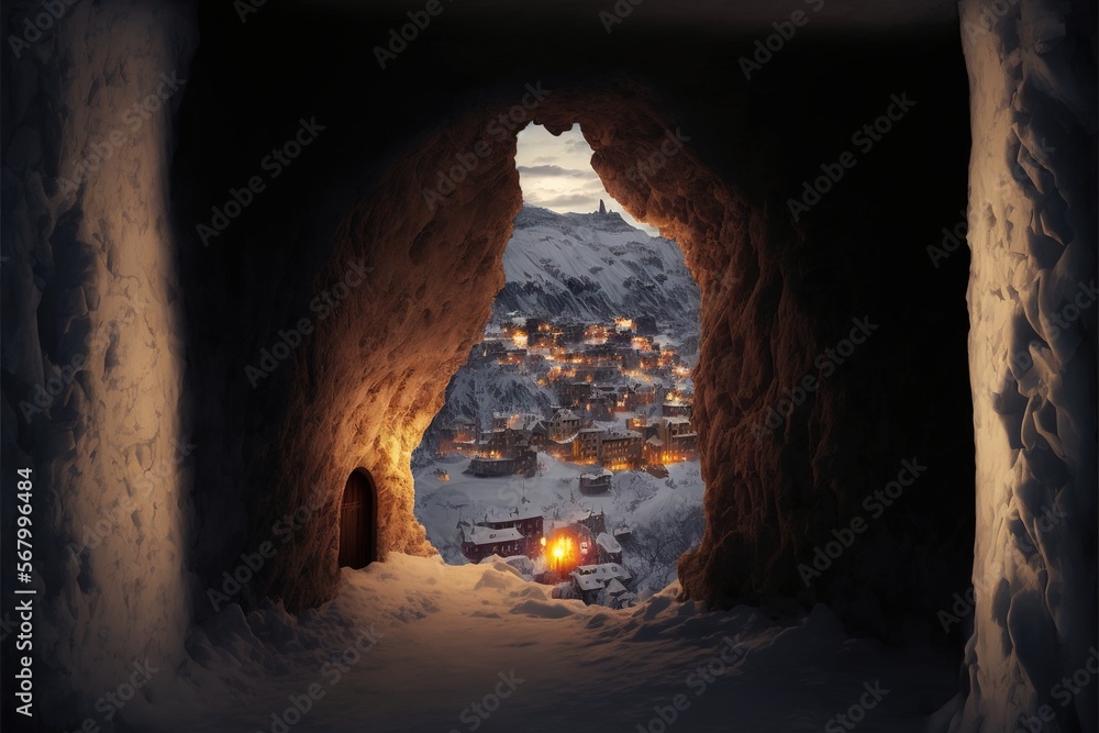 Poster a tunnel with a view of a town in the distance and a mountain in the distance with snow on the groun
