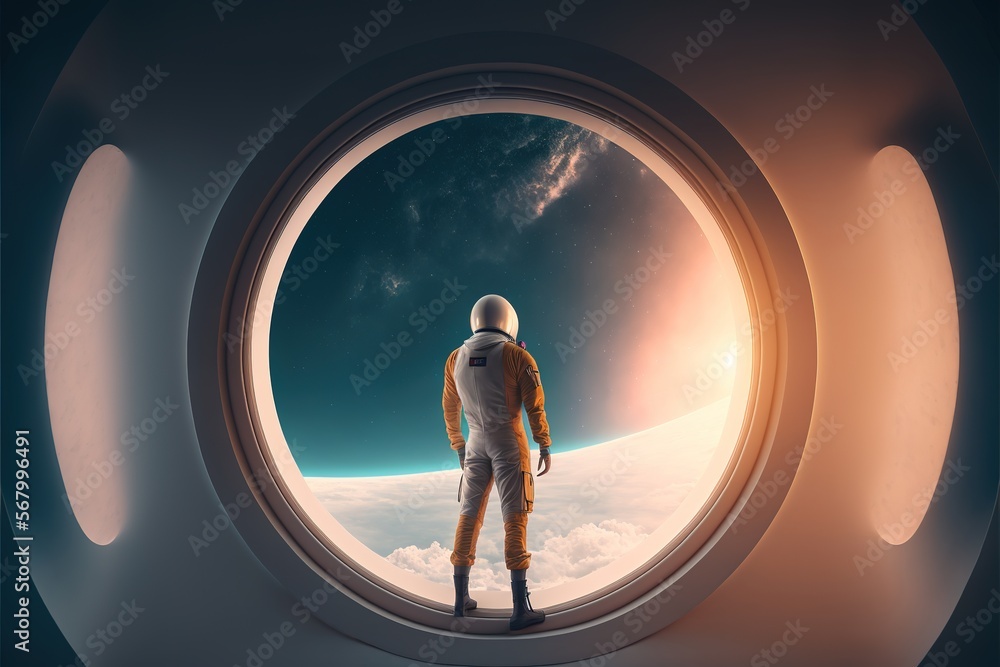 Poster a man in an astronaut suit standing in a window looking out at the earth and sky with a view of the 