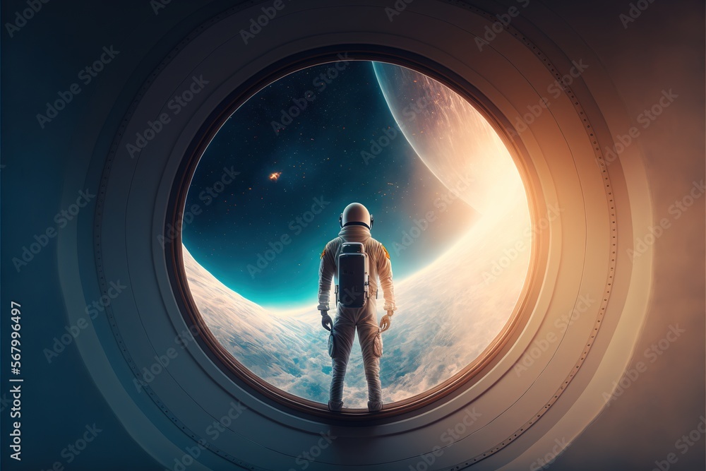 Poster a man standing in a space port looking out at the moon and planets in the distance with a window to 