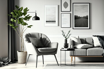Monochromatic interior of a modern living room with a single chair and no plant, with six frames in a solid flat pastel shade of ash gray, exhibit wall. Generative AI