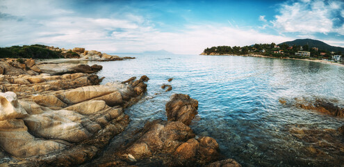 Amazing panoramic landscape of  rocky shore. Mediterranean sea. Halkidiki. Karidi Beach. Sithonia peninsula. Greece.