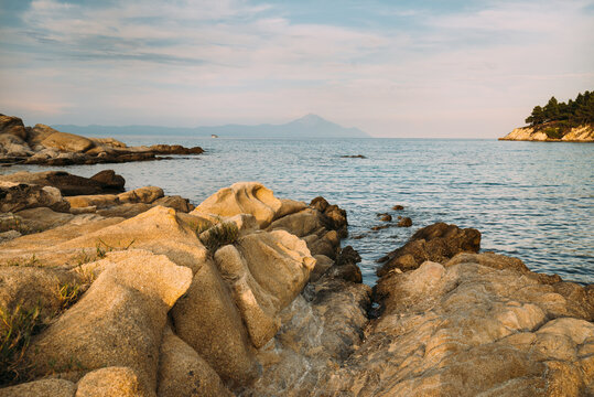 Amazing panoramic landscape of  rocky shore. Mediterranean sea. Halkidiki. Karidi Beach. Sithonia peninsula. Greece.