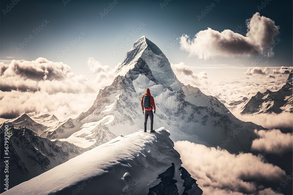 Poster a man standing on top of a mountain with a view of the sky and clouds below him with a mountain in t