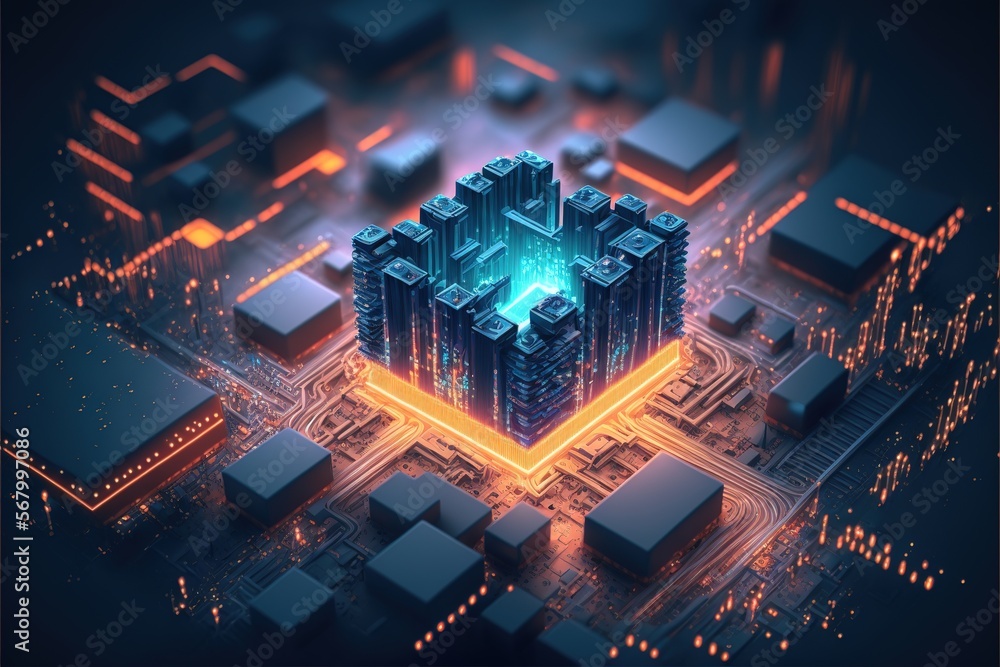 Poster a computer circuit board with a blue and yellow design on it and a blue and yellow background with a