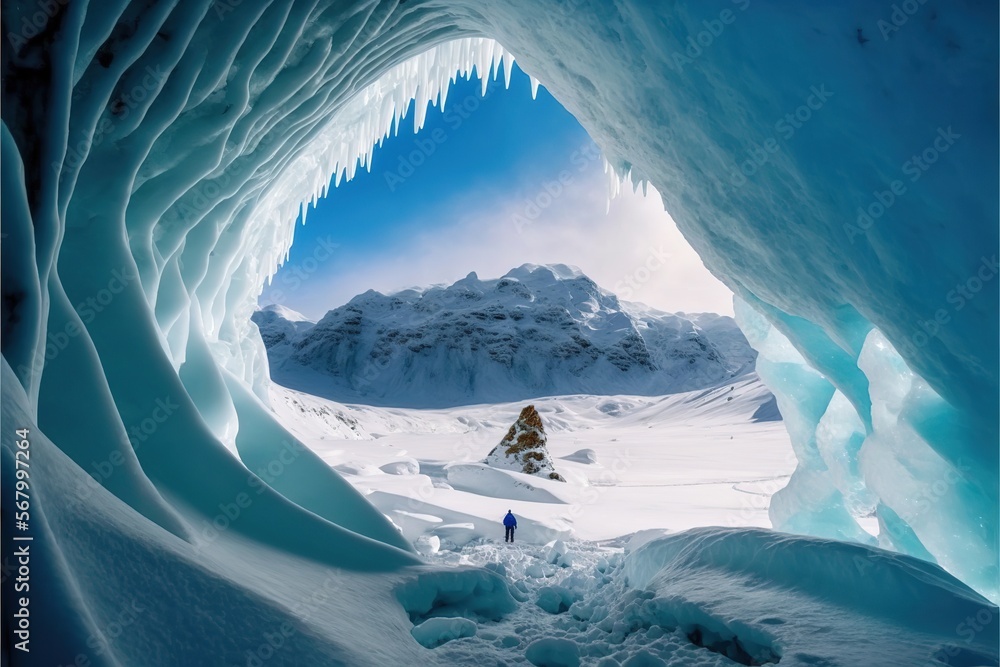 Poster a man standing in a snow cave with a mountain in the background and a blue sky in the background wit