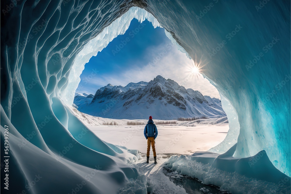 Poster a man standing in a large ice cave with mountains in the background and snow on the ground and snow 