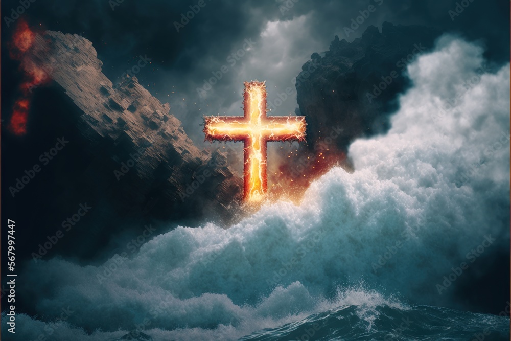 Poster a cross is in the middle of a storm with a ship in the background and a ship in the air a digital re