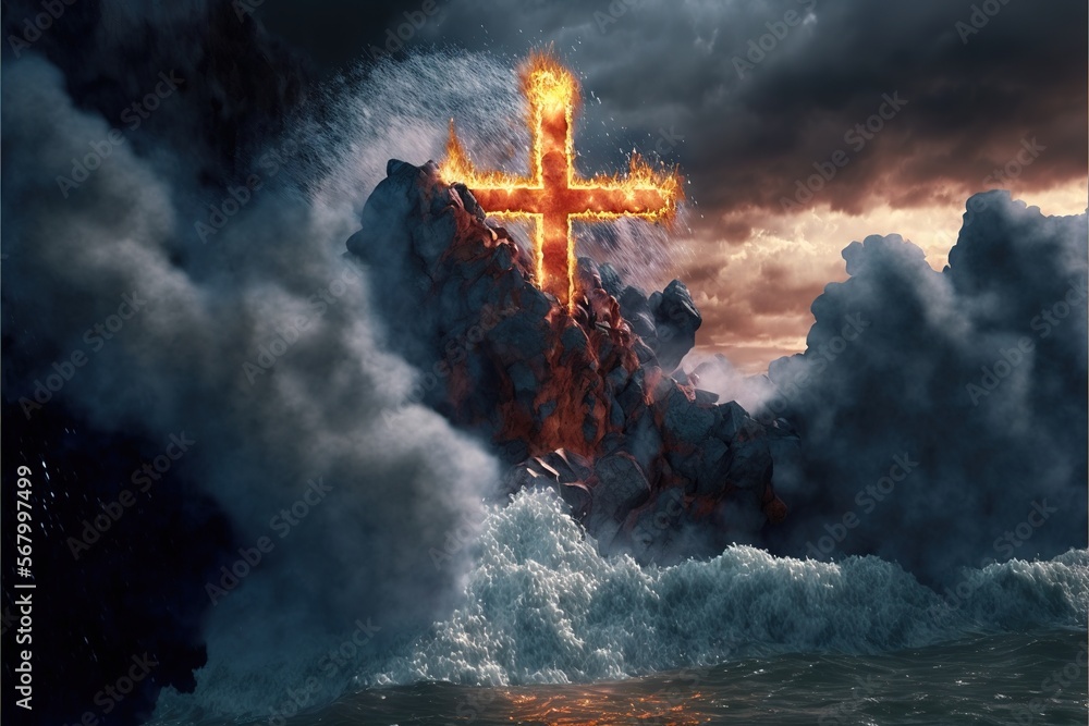 Aufkleber a cross is on a mountain above the ocean waves and clouds in the sky with a red glow on it a matte p