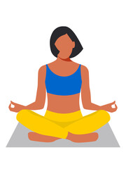 A woman sits cross legged and meditates. A young athletic girl with short black hair is engaged in physical and mental health. Meditation and yoga. 