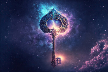Glowing magical fantasy key in the sky, copy space, Generative AI