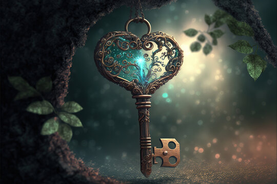 Magic key hanging on a tree in a fantasy forest, Generative AI