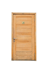 Old wooden closed handicap door with disabled sign, isolated transparent background