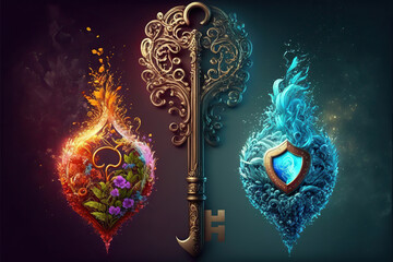 Fototapeta premium Fantasy keys of the elements, fire, water, earth, air, magic item, Generative AI