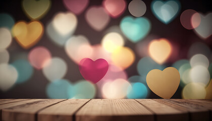 valentine's day background with empty wooden table for product display, bokeh lights, copy space, hearts in the background