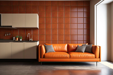 Orange tiles wall mock up in warm tones with leather sofa which is behind the kitchen room. Generative AI