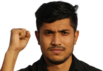 Fototapeta premium Risen up fist hand close view portrait of a young Indian man on isolated background.