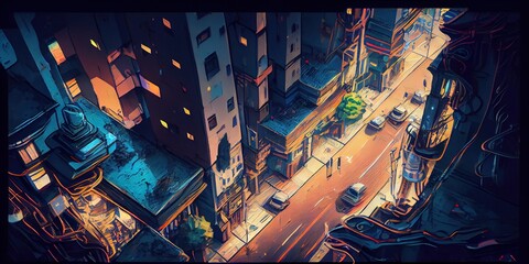 Futuristic anime cyberpunk cityscape. Sci-fi wallpaper. Retro future Ai Generative art.