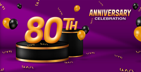 80th anniversary celebration banner. golden number with podium decoration, balloons and ribbon. for birthday or wedding greeting cards, etc. 3d vector realistic illustration