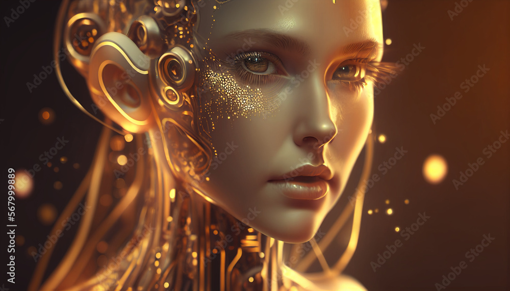 Poster a humanoid cyber girl with gold neural network thinks. artificial intelligence with a digital brain 