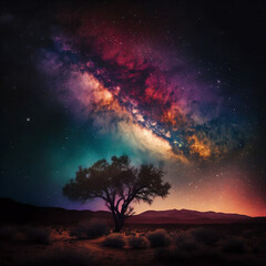 Fototapeta na wymiar Landscape with star, tree, moon and Milky Way