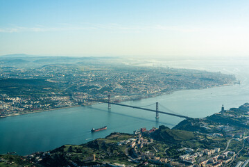Lisbon city Tajo river and ponte 25 abril seen from the air