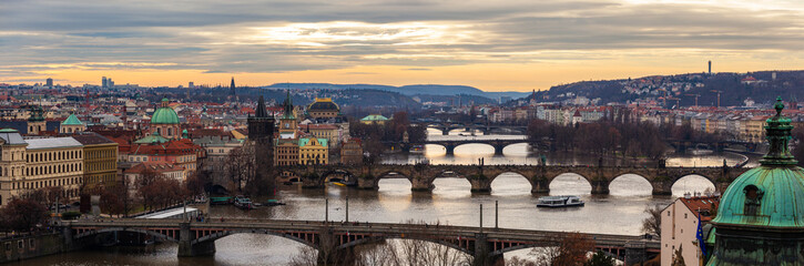Fototapeta na wymiar High definition panoramic view of Prague bridges and historic ce