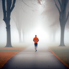 A Runner on a dull morning in a foggy autumn By Generative AI.